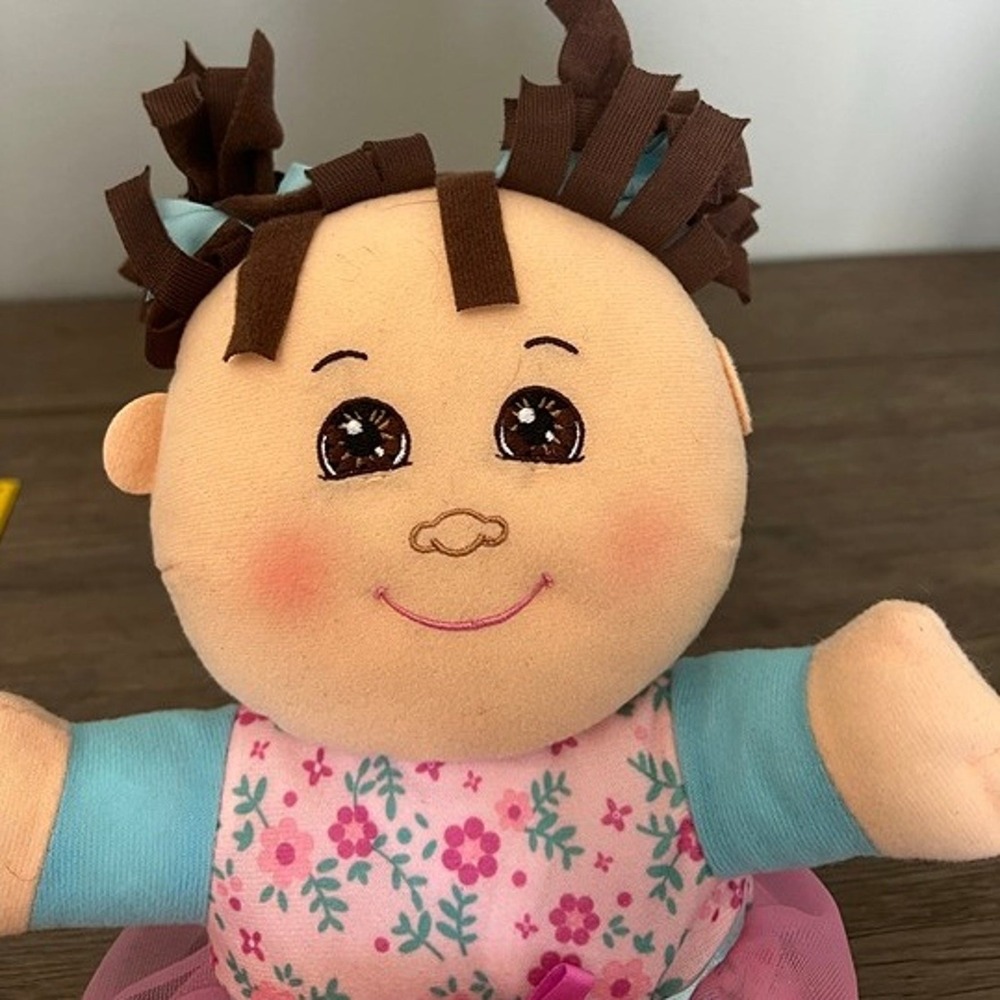 Cabbage Patch Kids CPK Hug n Snug Plush Doll Brown Hair Pink Floral Tutu 9"